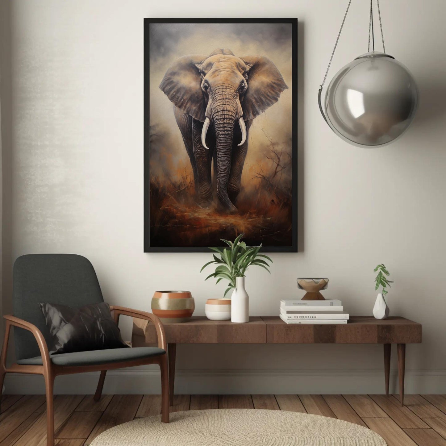 Elephant canvas wall art shown in a living room (view 2)