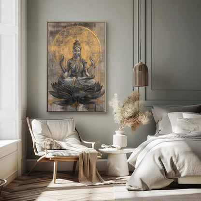 Lakshmi Gold , Hindu Prosperity canvas wall art shown in a bedroom