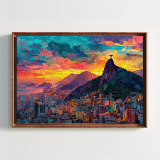 Rio de Janeiro sunset canvas wall art, Christ the Redeemer above the colorful city