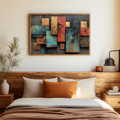 Gold teal rust geometric canvas wall art, bedroom with a bed and a painting on the wall
