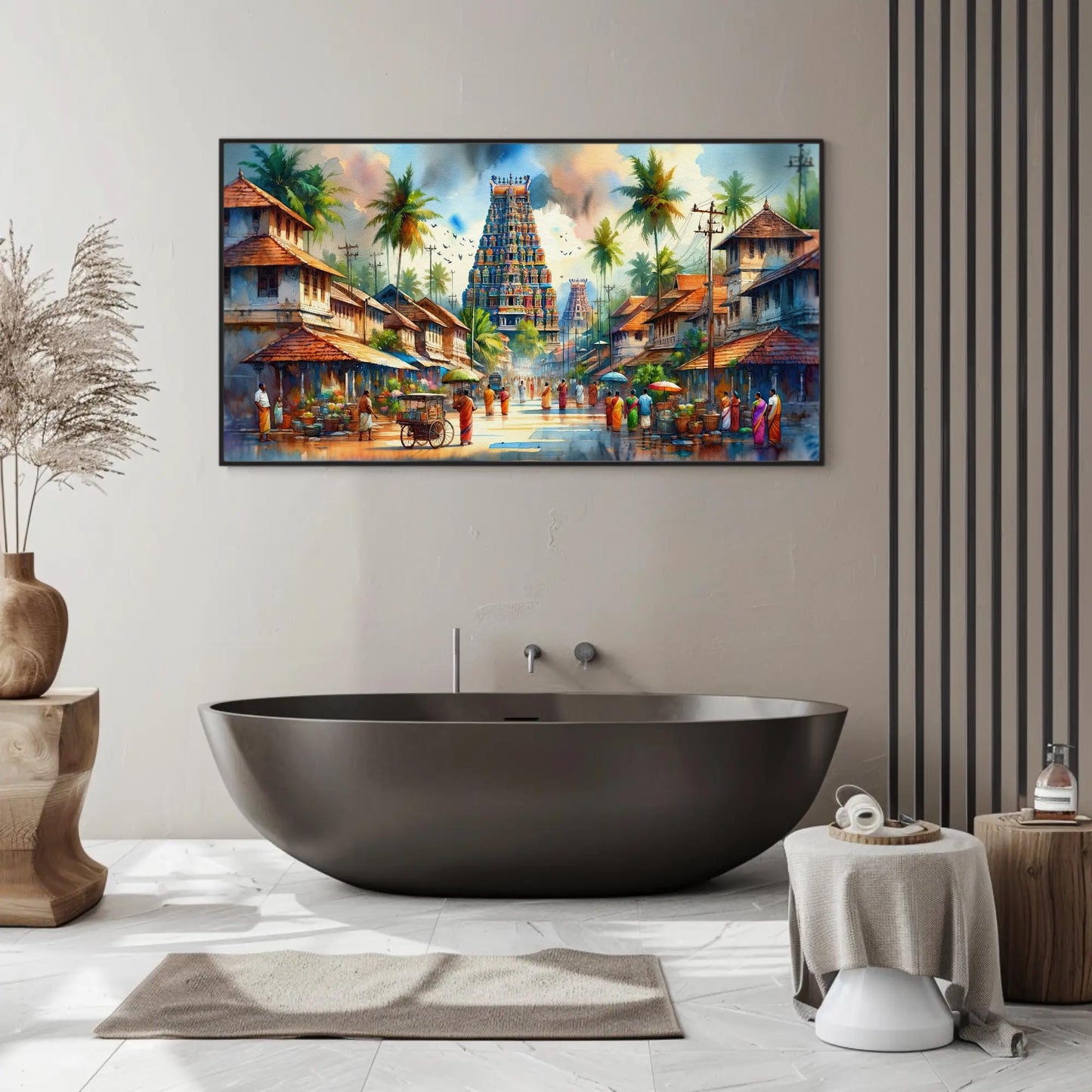 South India Temple , Authentic Landscape canvas wall art shown in a bathroom
