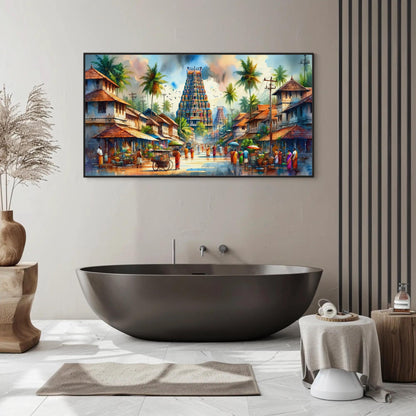 South India Temple , Authentic Landscape canvas wall art shown in a bathroom