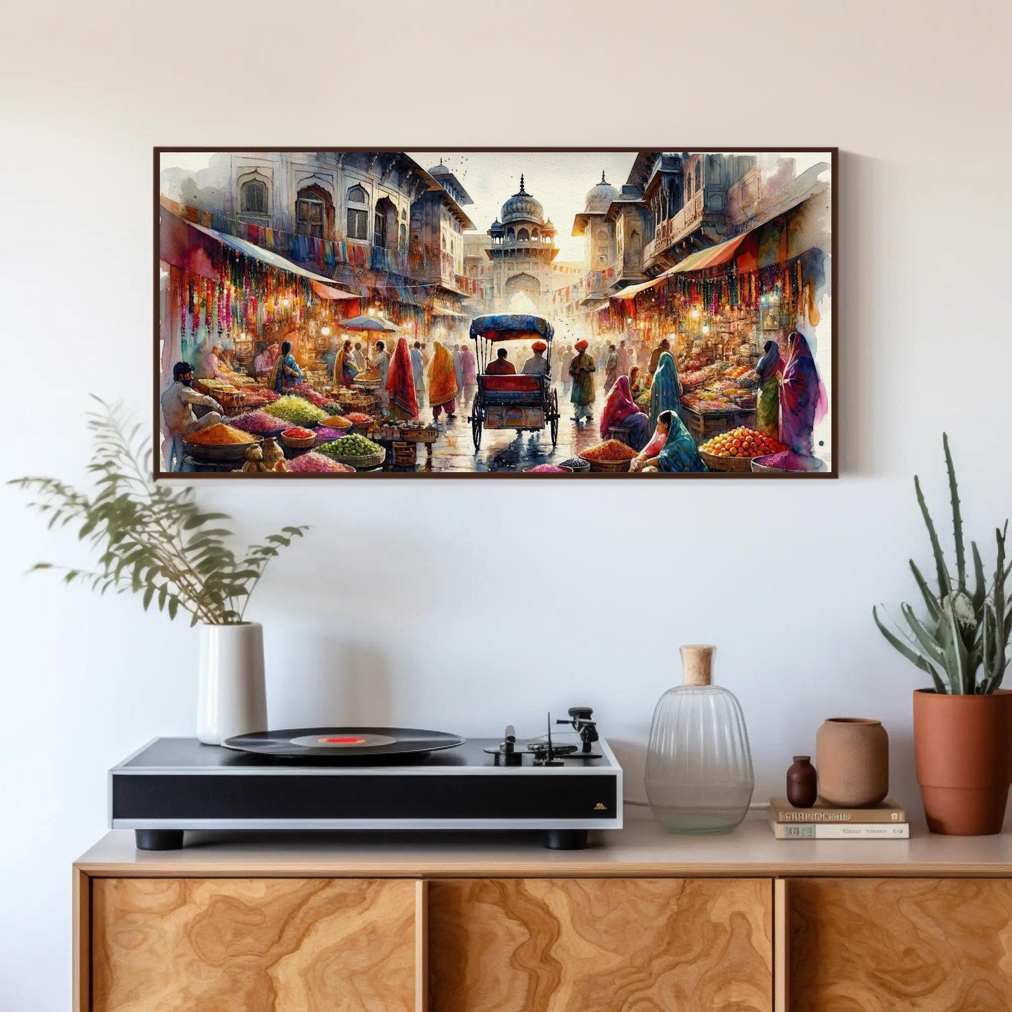 Indian Bazaar , Vibrant Spice Market canvas wall art shown in a styled room