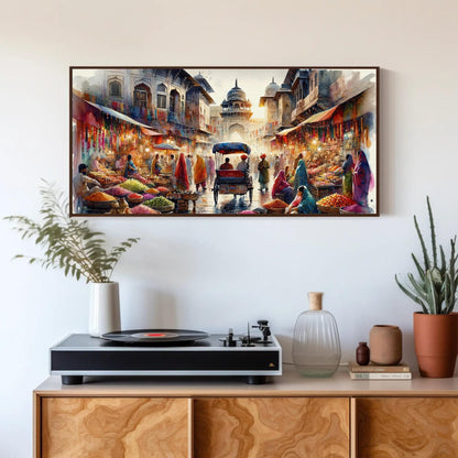 Indian Bazaar , Vibrant Spice Market canvas wall art shown in a styled room