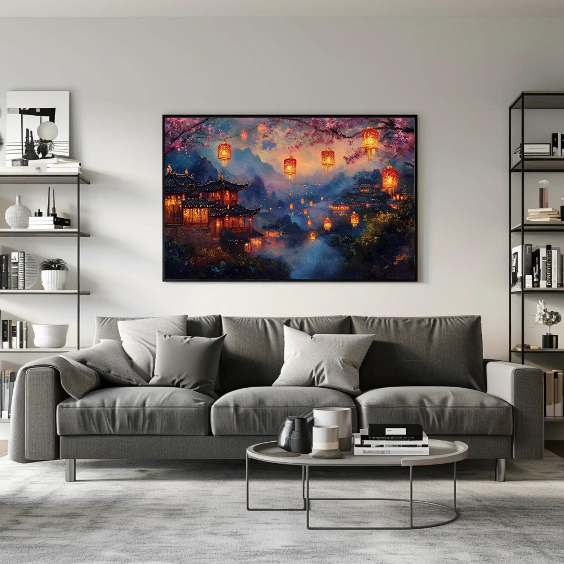 Chinese Village , Misty Mountain Lantern canvas wall art shown in a living room