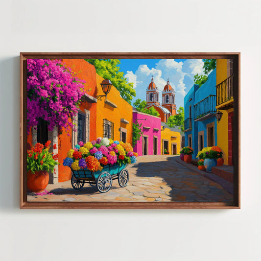 Mexican Flower Street Canvas Print, Colorful Mexico Decor