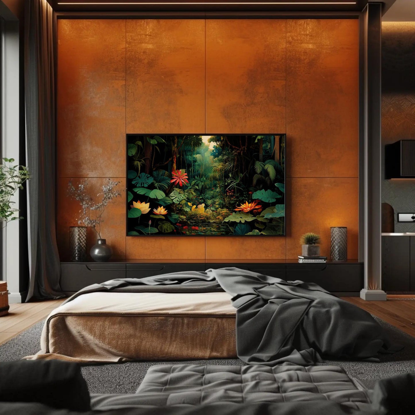 Tropical Jungle canvas wall art shown in a bedroom