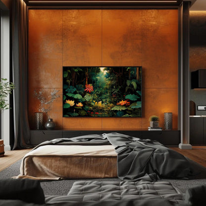 Tropical Jungle canvas wall art shown in a bedroom