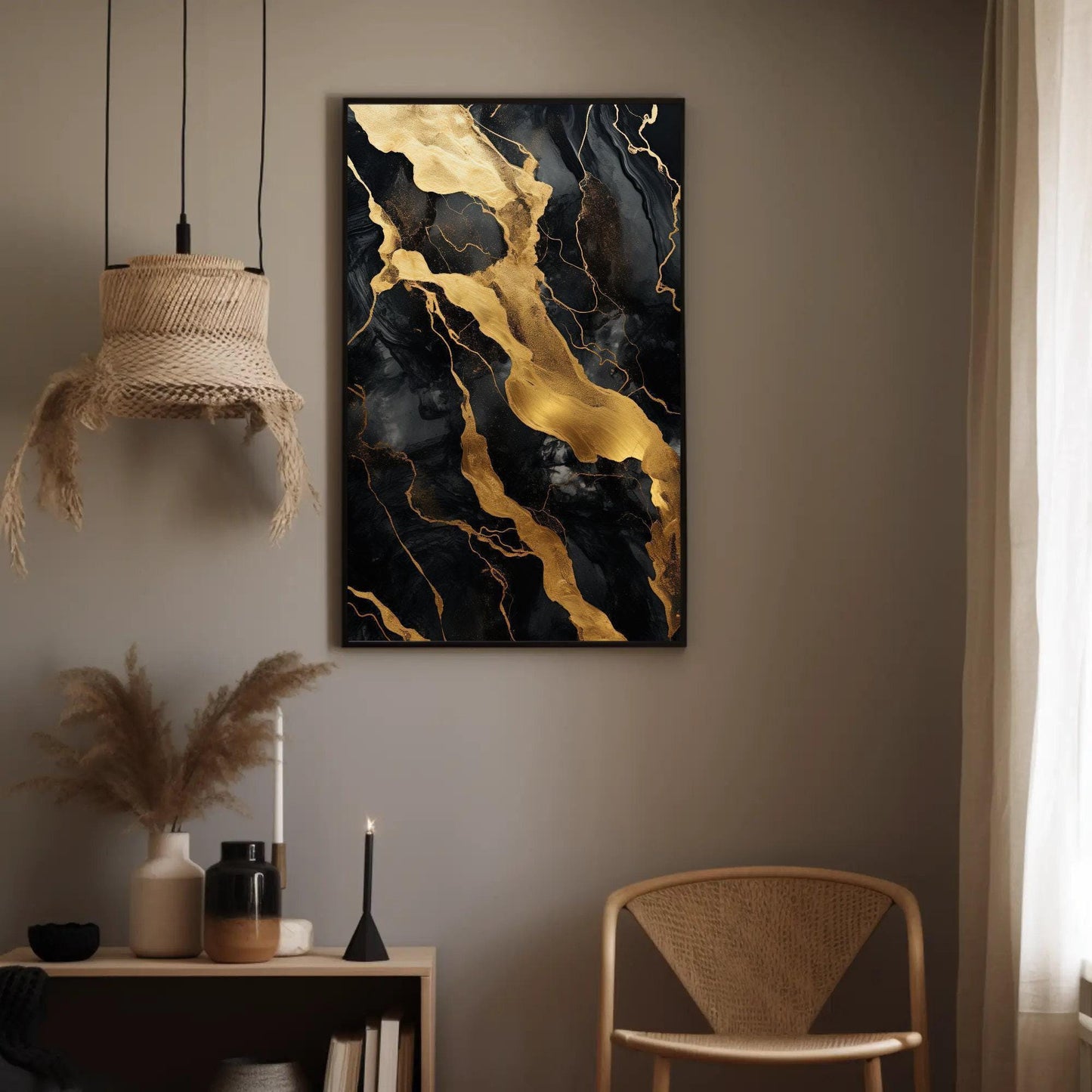 Black Gold Marble , Luxury Abstract canvas wall art shown in a styled interior