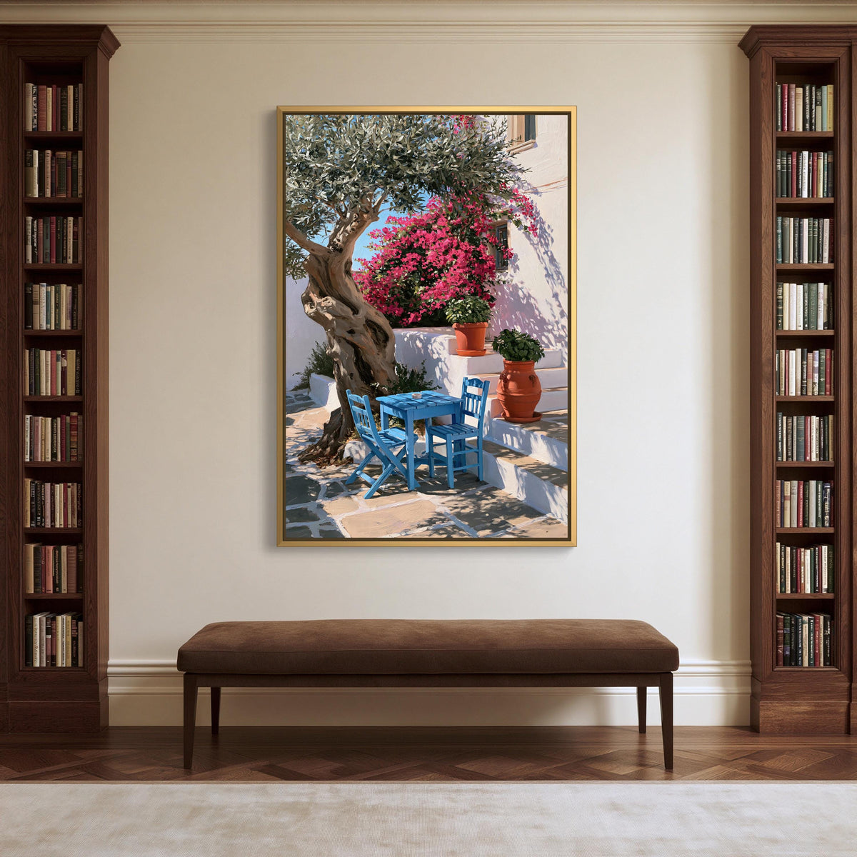 Greek taverna courtyard canvas wall art, cozy outdoor seating area with a blue chair and table, surrounded by a tree with