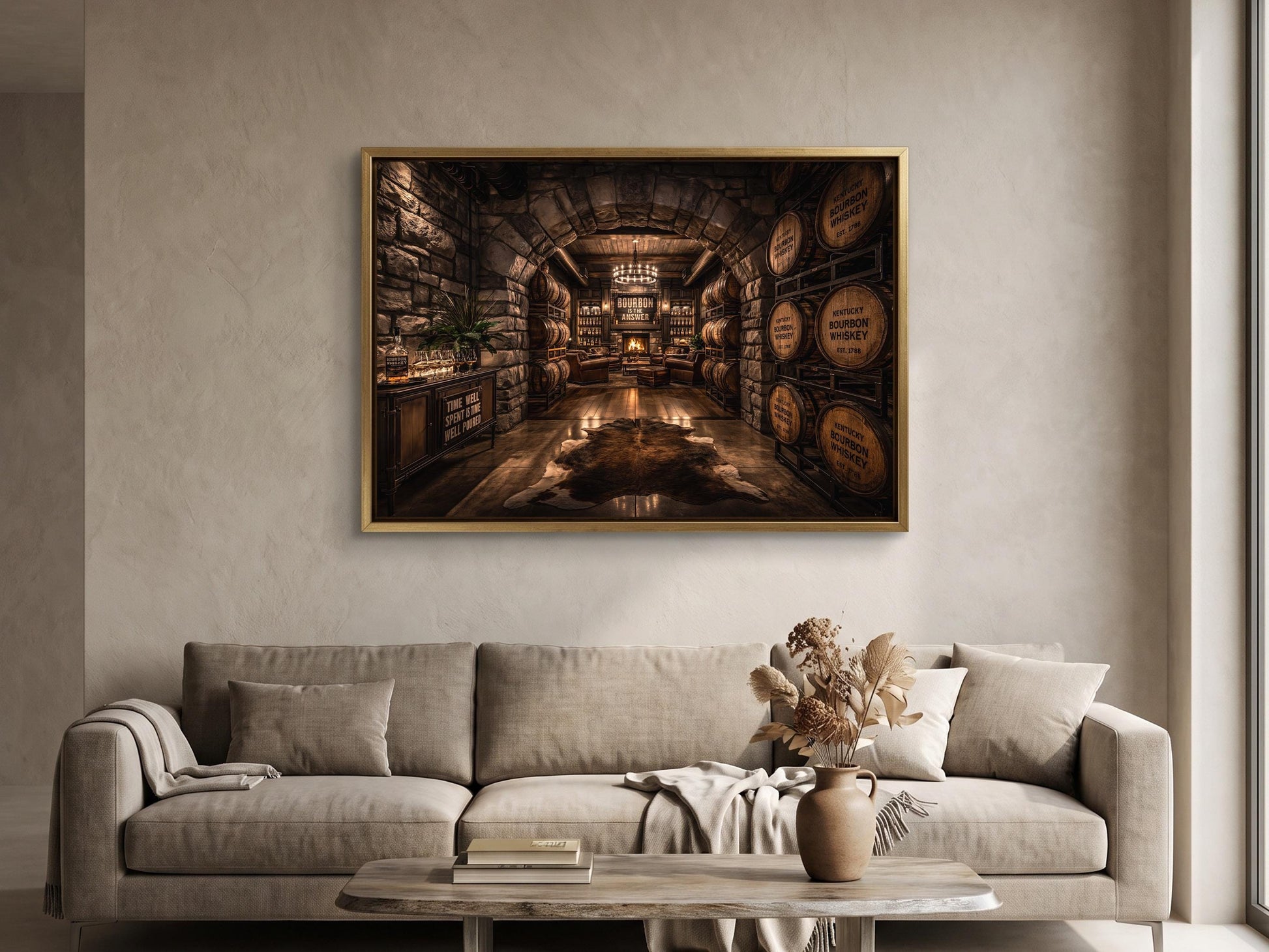 a cozy living room with a large, ornate wine cellar as the focal point. The cellar is filled with numerous wine barrels, creating a rustic and inviting atmosphere. The room is furnished with a comfortable sofa and a coffee table, and a vase of flowers adds a touch of elegance to the space. The overall scene conveys a sense of warmth and relaxation, inviting the viewer to imagine themselves enjoying a quiet evening in this charming setting.