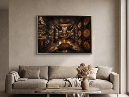 a cozy living room with a large, ornate wine cellar as the focal point. The cellar is filled with numerous wine barrels, creating a rustic and inviting atmosphere. The room is furnished with a comfortable sofa and a coffee table, and a vase of flowers adds a touch of elegance to the space. The overall scene conveys a sense of warmth and relaxation, inviting the viewer to imagine themselves enjoying a quiet evening in this charming setting.