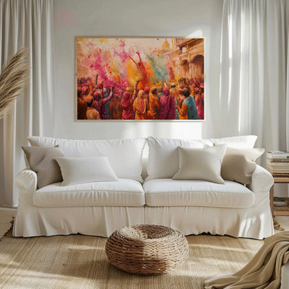 Holi Celebration canvas wall art shown in a living room