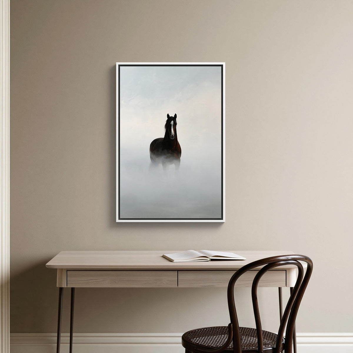 Brown horse in fog canvas wall art, black horse standing in the middle of a foggy landscape, with a wooden desk and chair in