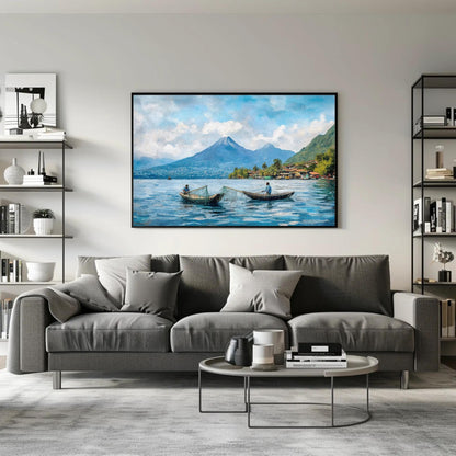 Lake Atitlán , Guatemala Mayan Landscape canvas wall art shown in a living room