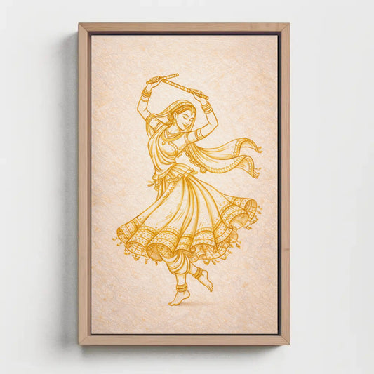 Gold line Garba dancer canvas wall art in a room setting