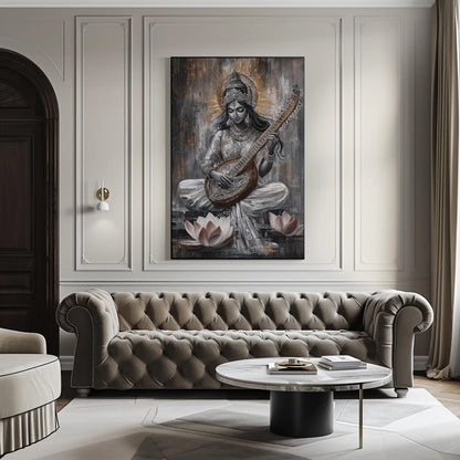 Goddess Saraswati , Hindu Wisdom canvas wall art shown in a living room (view 2)