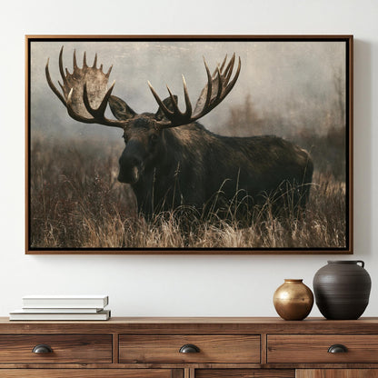 A large framed photograph of a moose with impressive antlers is displayed on a wall above a wooden dresser.