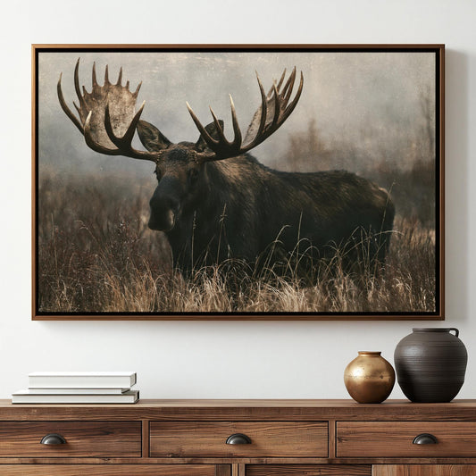 A large framed photograph of a moose with impressive antlers is displayed on a wall above a wooden dresser.
