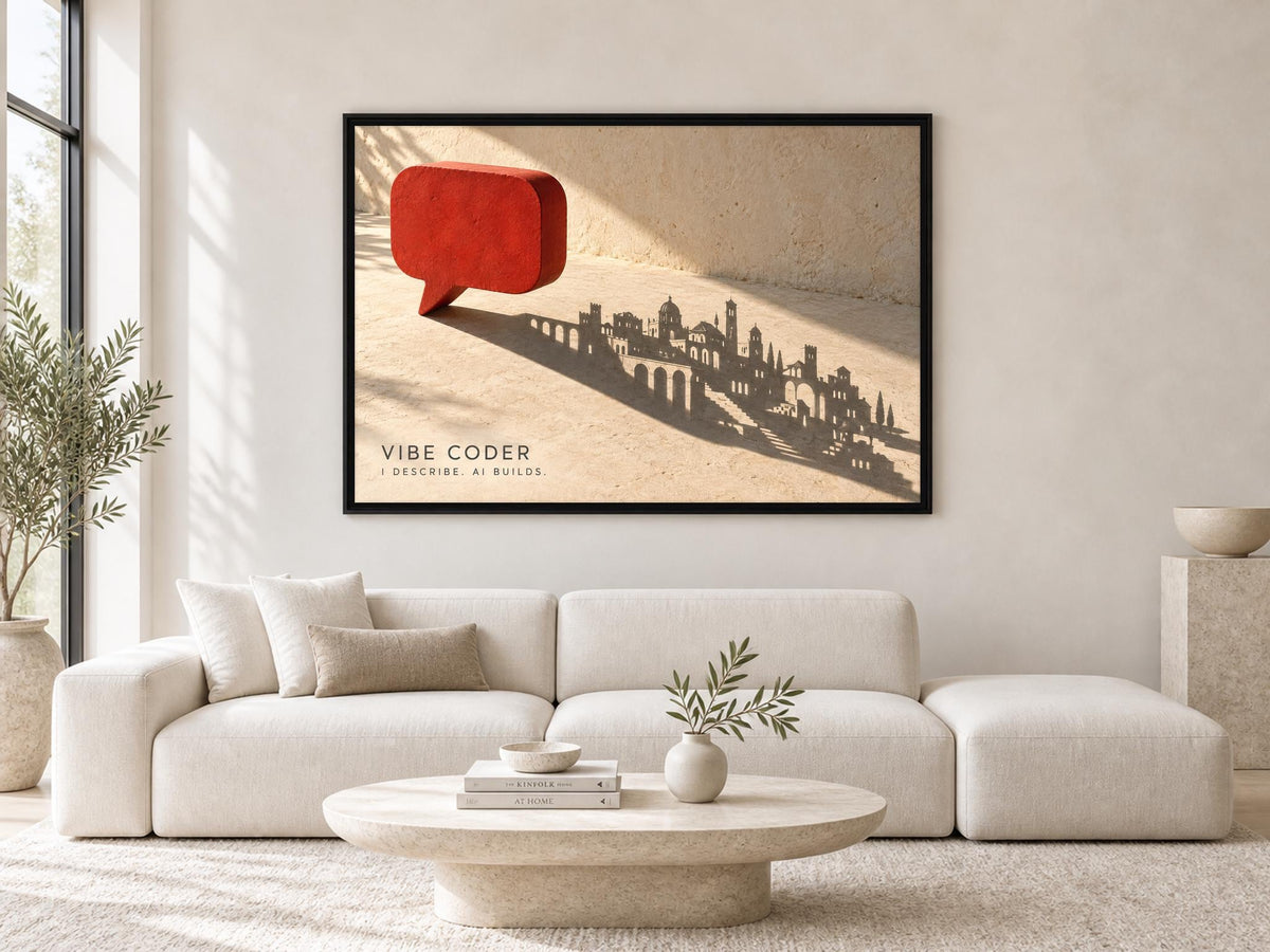 a modern living room with a large white sofa, a round coffee table, and a framed artwork depicting a city skyline with a red speech bubble.