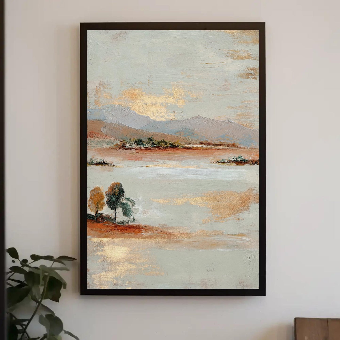Gold Leaf Wall Art, Abstract Landscape Canvas With Terracotta Sage Green Tones