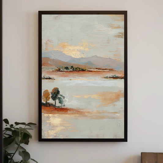 The image is a framed painting depicting a serene landscape with a body of water, mountains, and trees.
