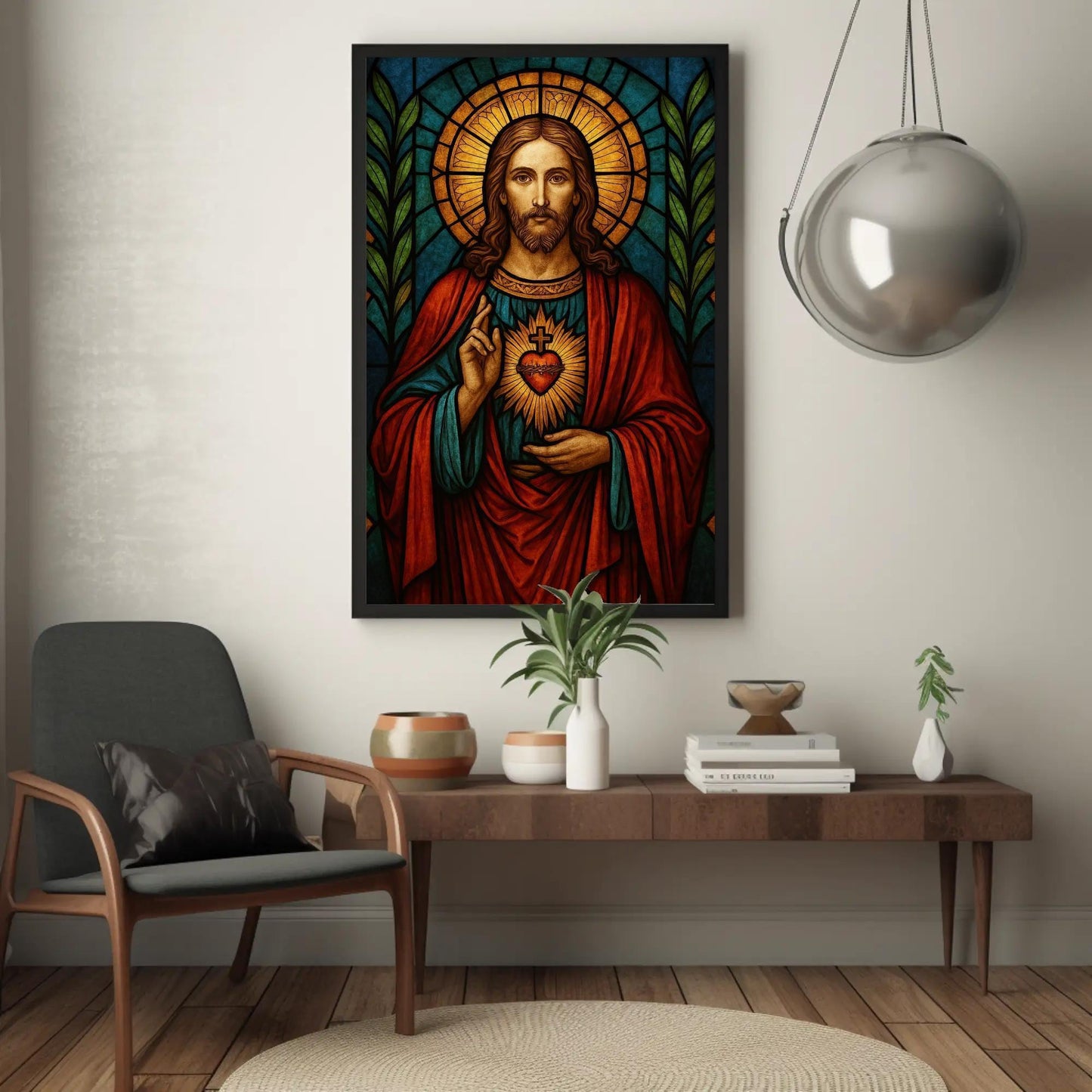 Sacred Heart of Jesus Canvas Print, Catholic Stained Glass Wall Art