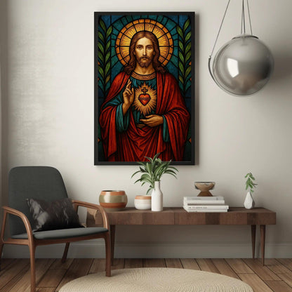 Sacred Heart of Jesus Canvas Print, Catholic Stained Glass Wall Art