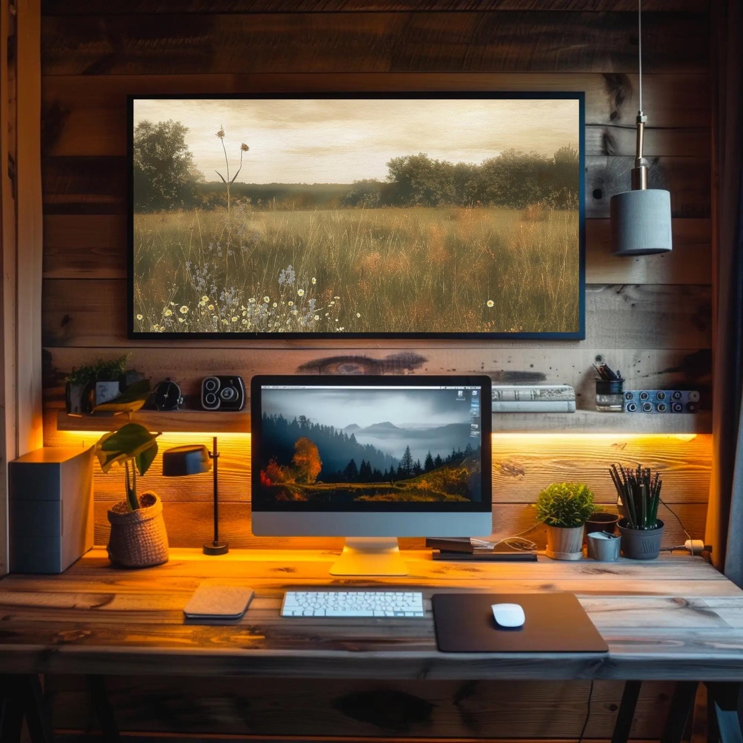 Wildflower Field Painting canvas wall art shown above a desk (view 2)