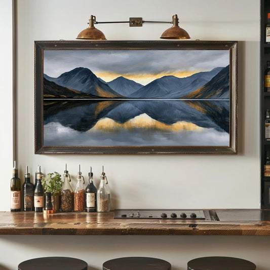 a framed landscape painting hanging on a wall above a wooden bar counter with various bottles of spices and seasonings.