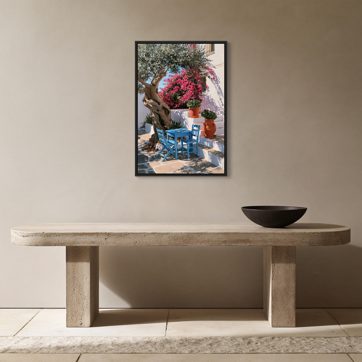 Greek taverna courtyard canvas wall art, serene outdoor patio scene with a tree, a blue chair, and a table with a bowl on