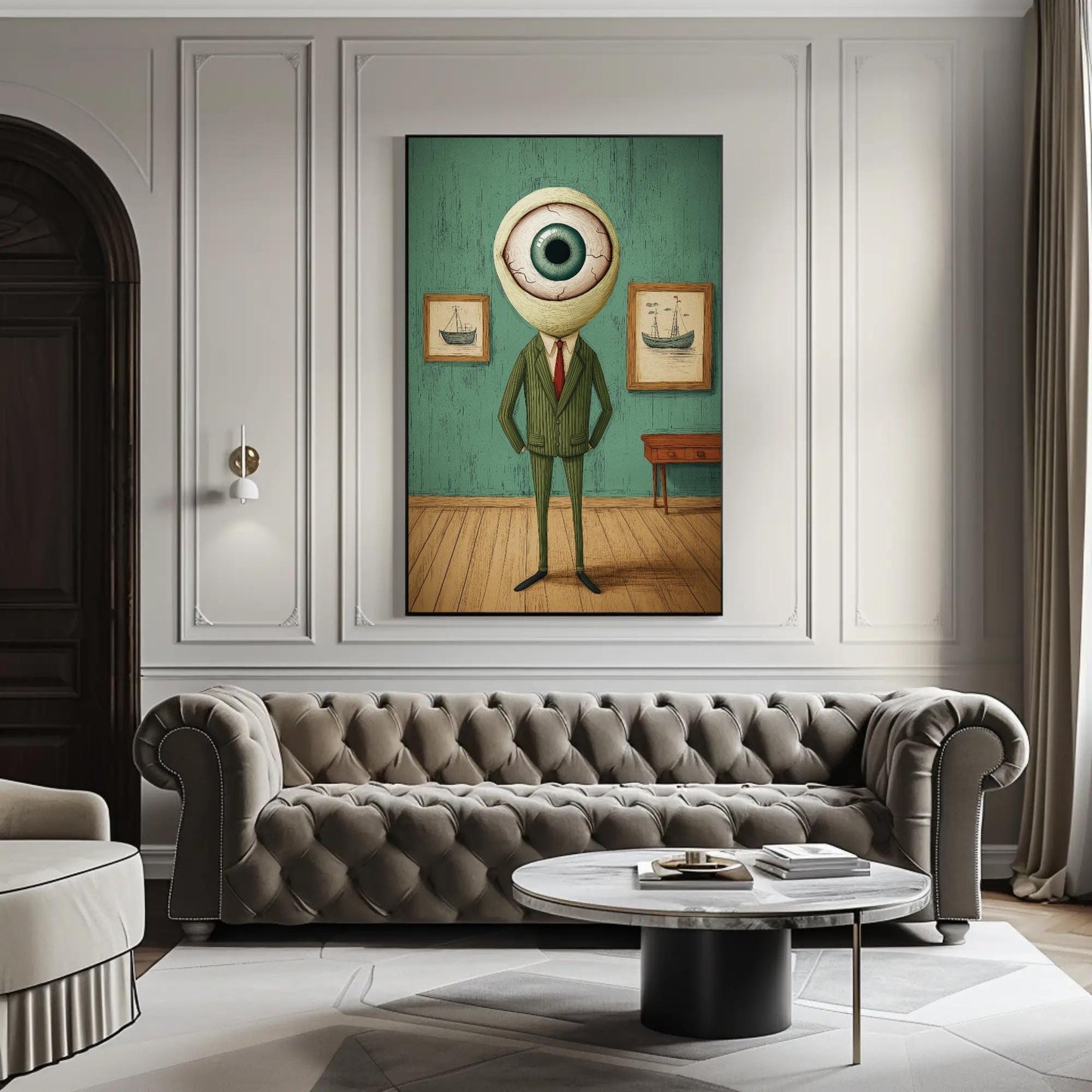 Surreal Eye Head canvas wall art shown in a living room