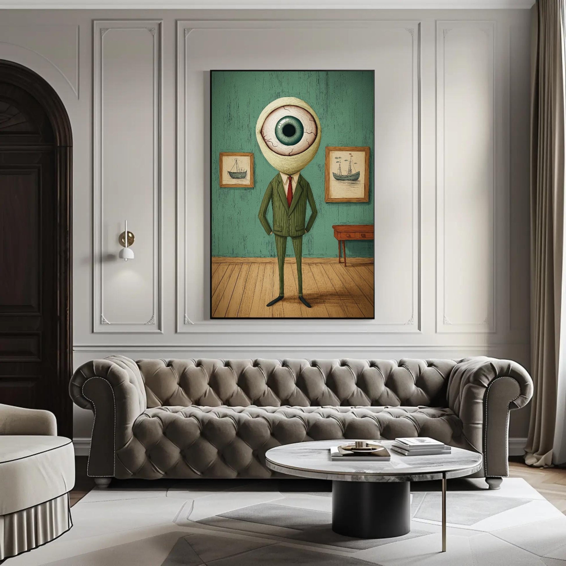 Surreal Eye Head canvas wall art shown in a living room