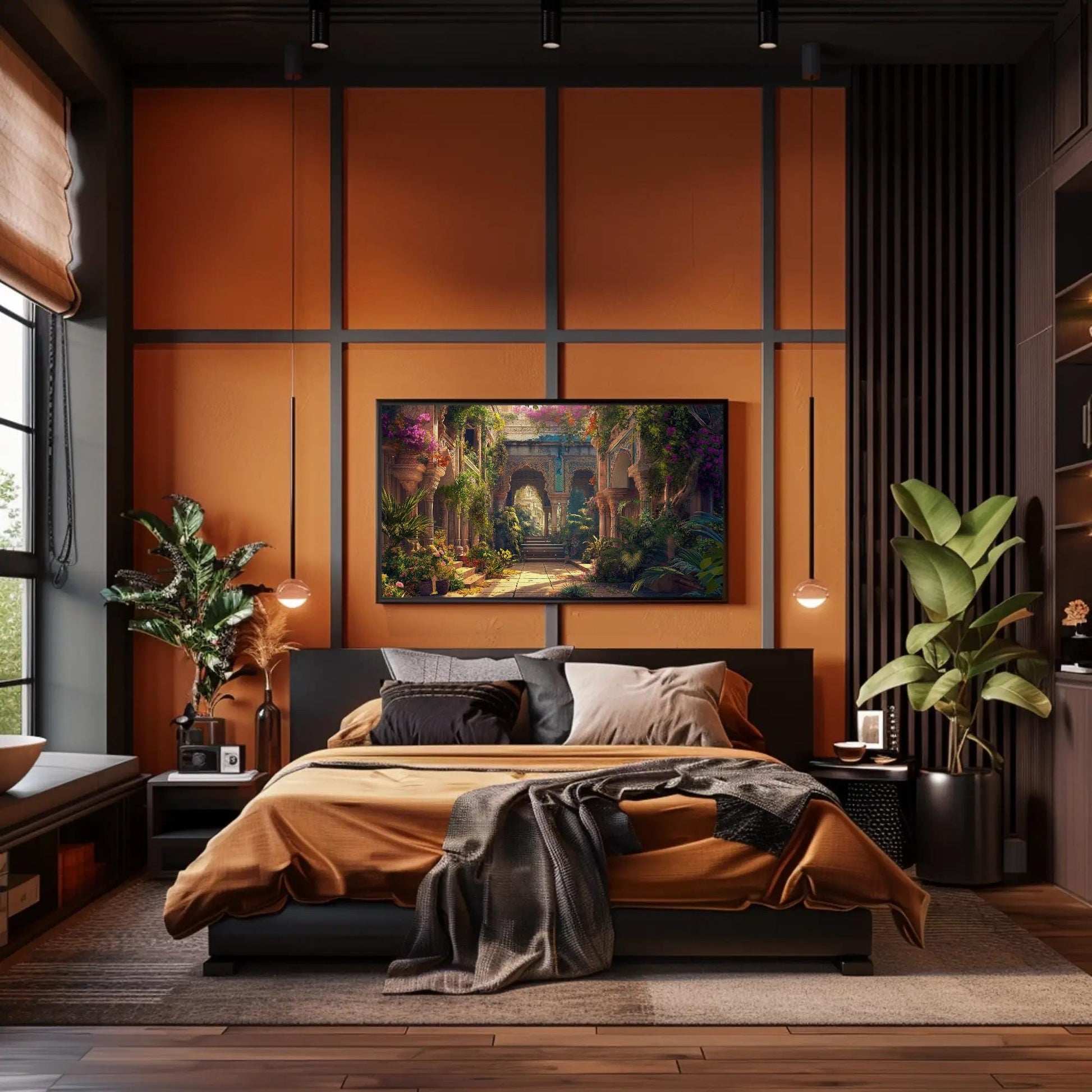 Indian Palace , Rajasthani Haveli canvas wall art shown in a bedroom (view 2)