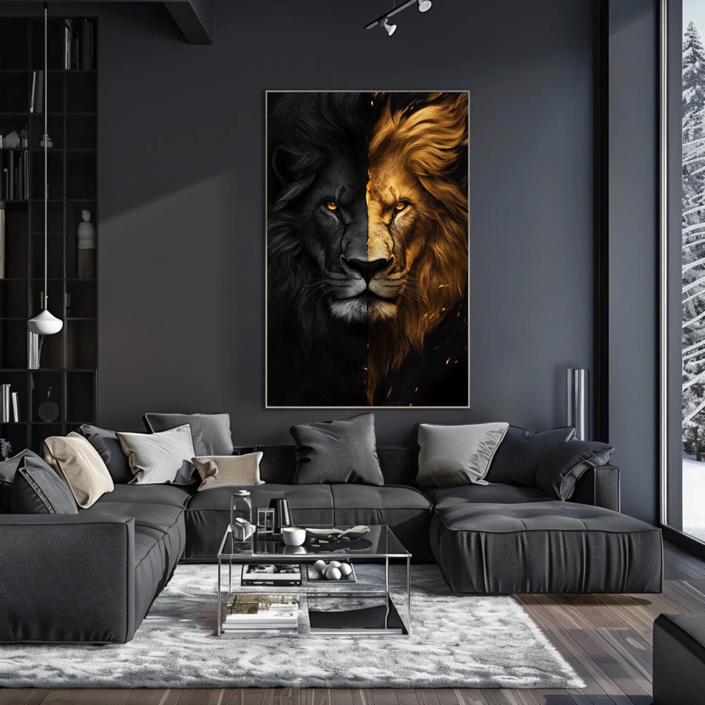 Black and Gold Lion canvas wall art shown in a living room