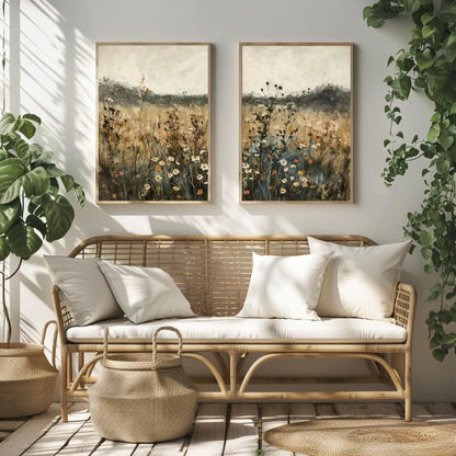 Muted Wildflowers canvas wall art shown in a living room