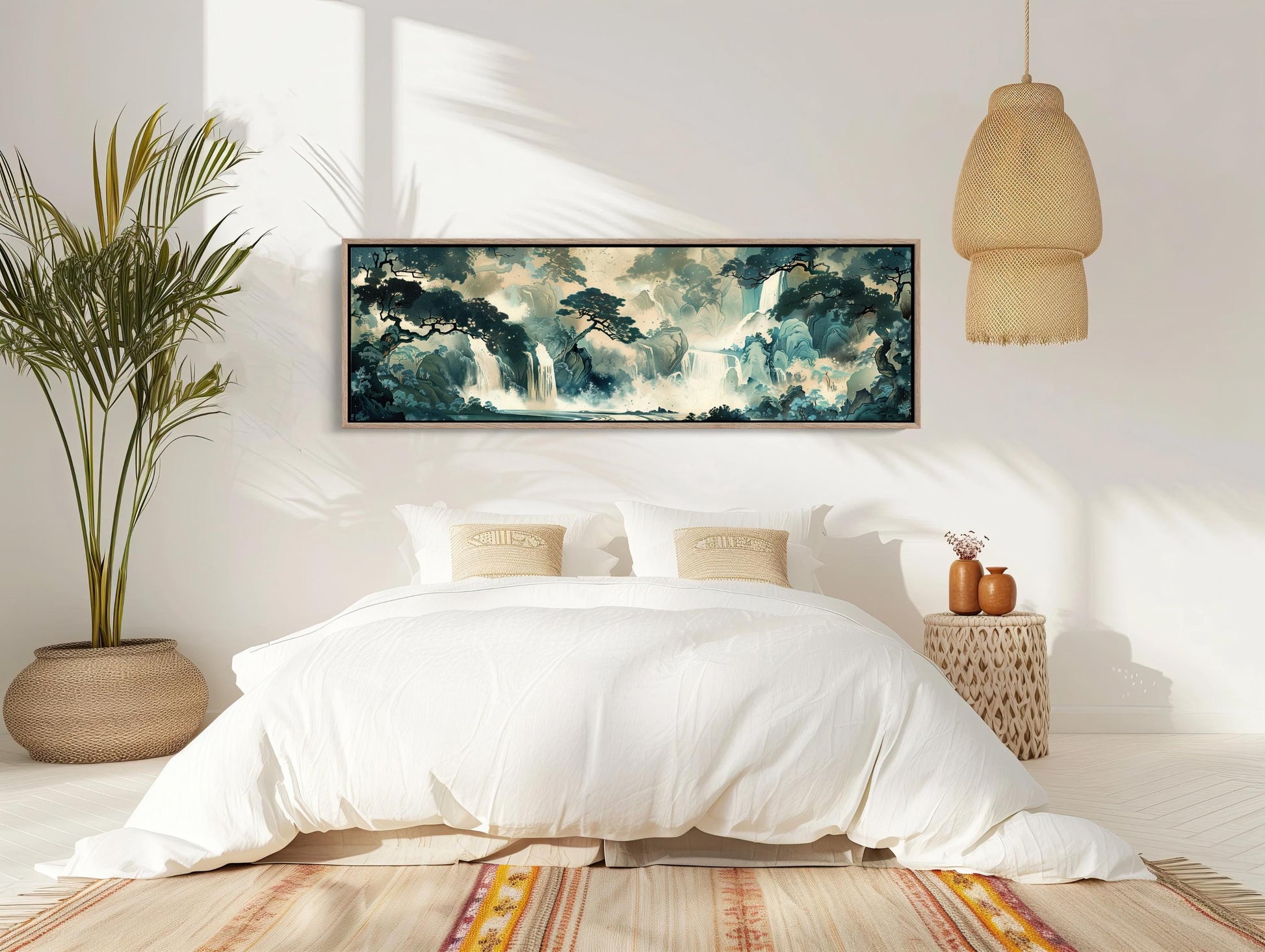 Japanese Waterfall , Ukiyo-e Panoramic canvas wall art shown in a bedroom (view 3)