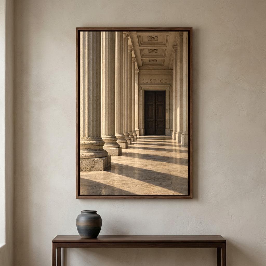 a long hallway with a series of tall, white columns leading to a dark wooden door. The hallway is illuminated by natural light streaming in from a window on the left side of the frame. A black vase is placed on a wooden table below the framed image.