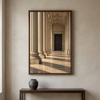 a long hallway with a series of tall, white columns leading to a dark wooden door. The hallway is illuminated by natural light streaming in from a window on the left side of the frame. A black vase is placed on a wooden table below the framed image.