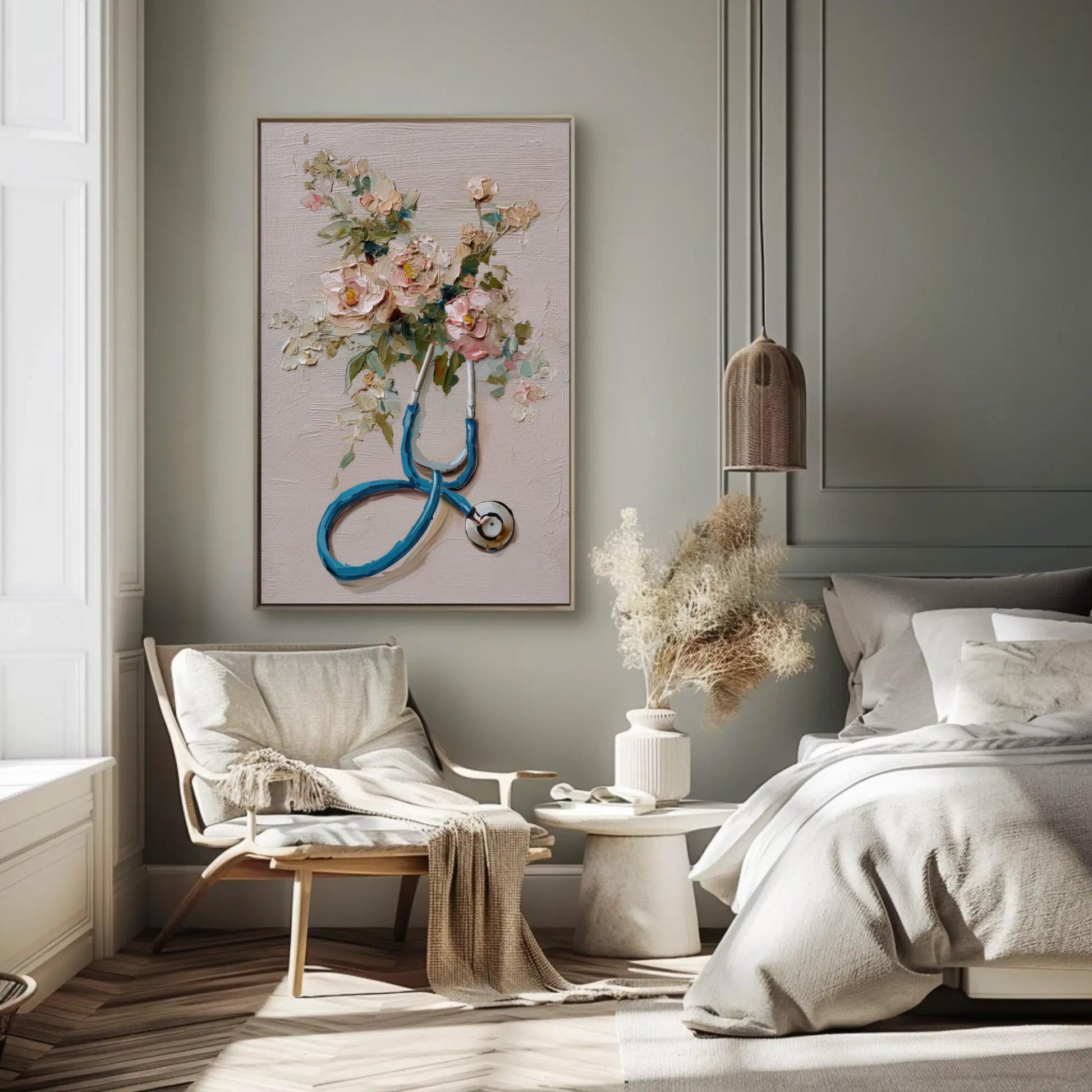 Doctor canvas wall art shown in a bedroom