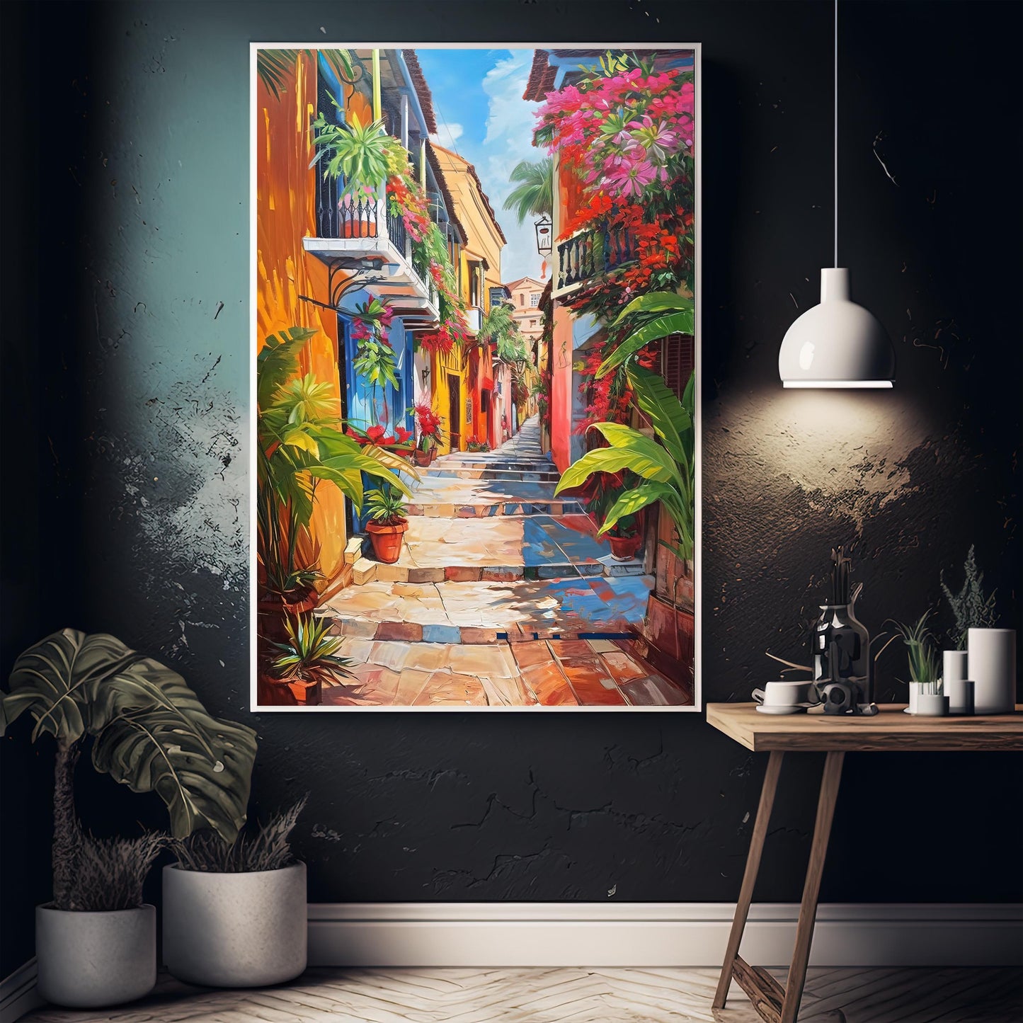 Cartagena Street , Vibrant Colombian art deco canvas wall art for the home
