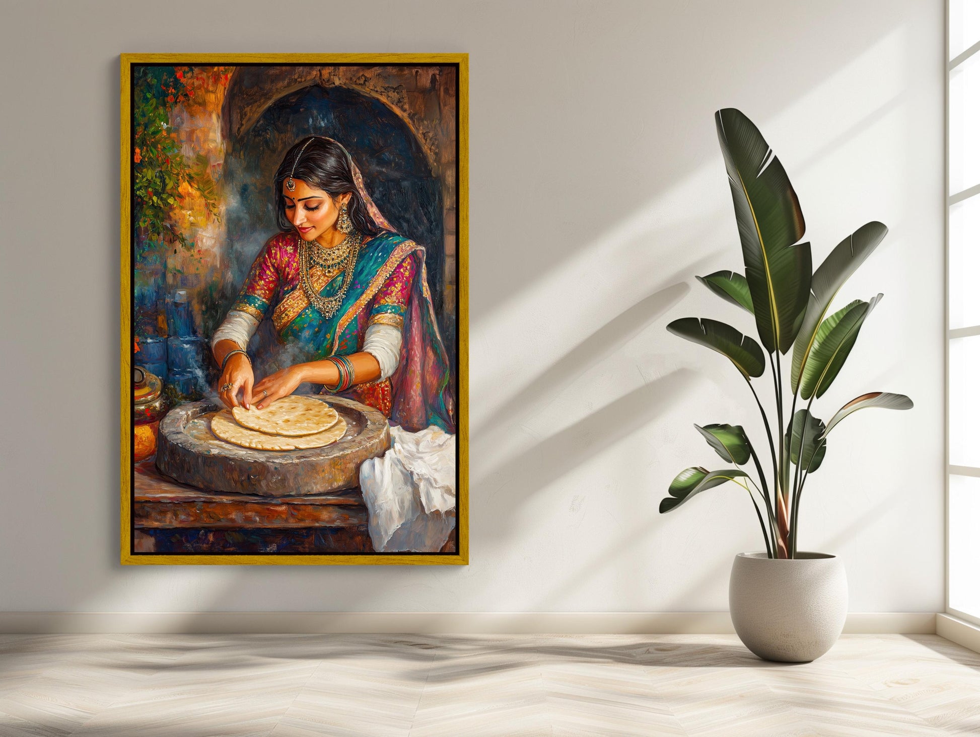 Indian Woman Roti , Traditional Desi Kitchen canvas wall art shown in a styled room (view 2)