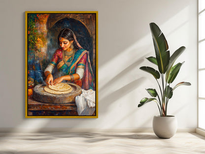 Indian Woman Roti , Traditional Desi Kitchen canvas wall art shown in a styled room (view 2)