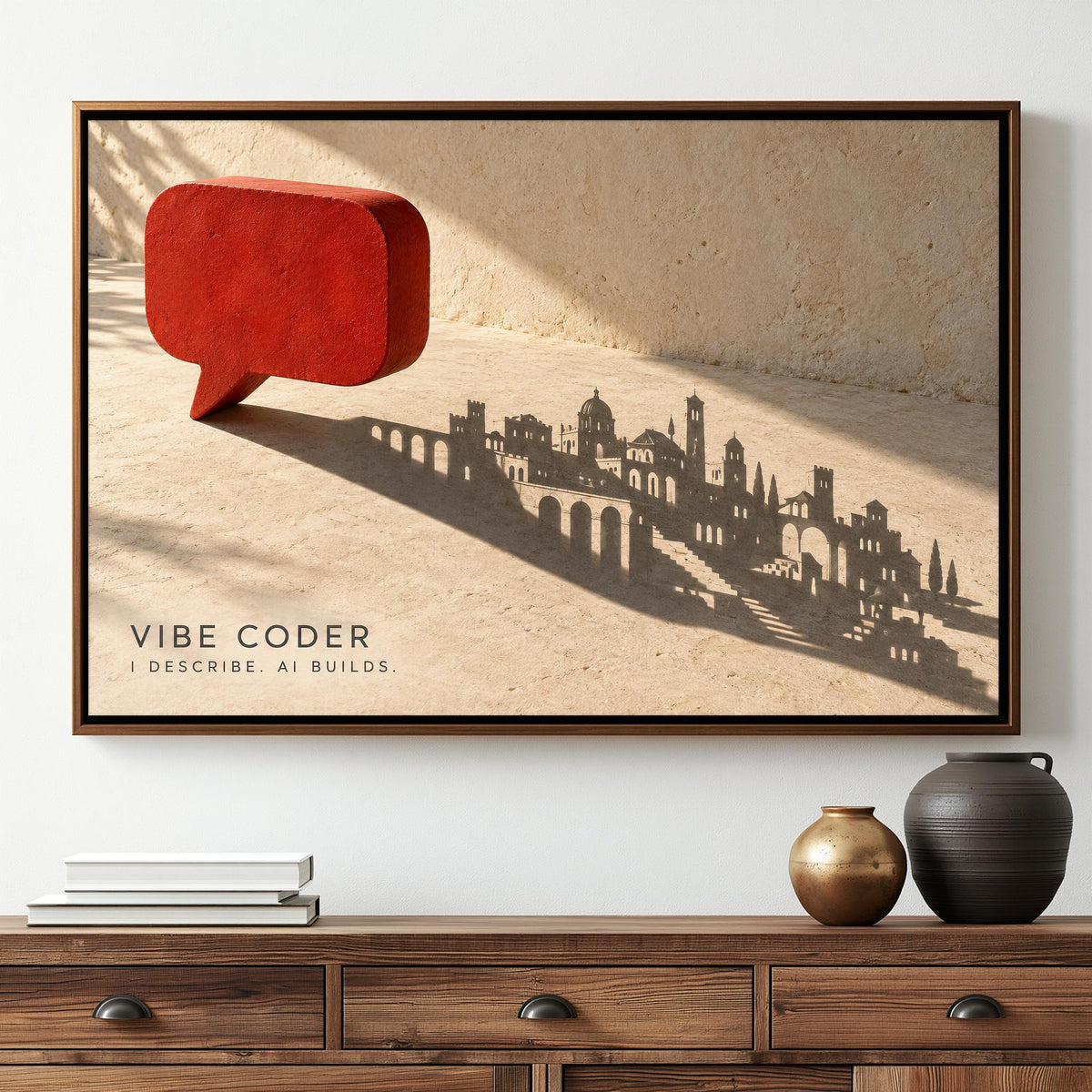 a framed artwork depicting a city skyline silhouette with a red speech bubble in the foreground.