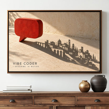 a framed artwork depicting a city skyline silhouette with a red speech bubble in the foreground.