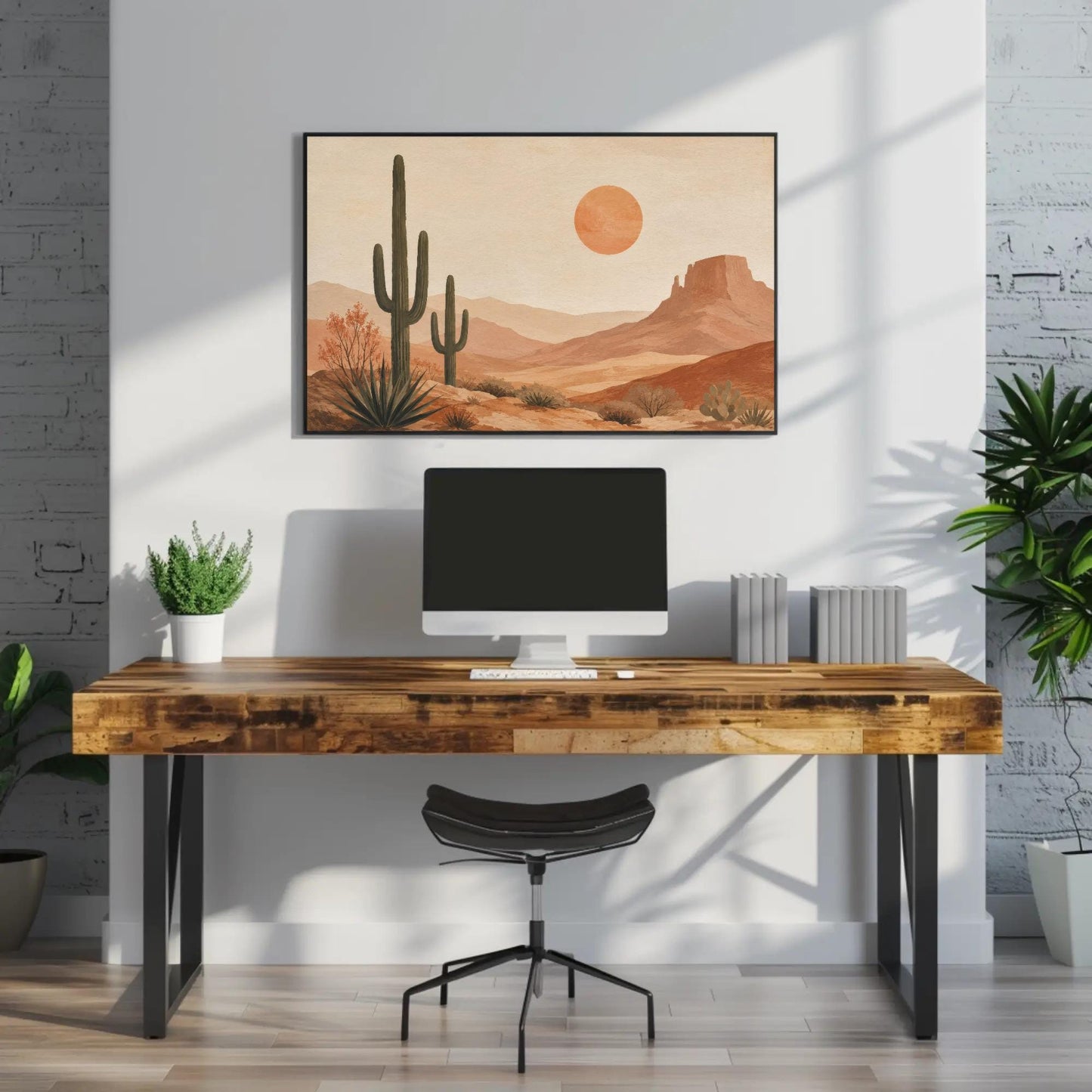 a modern workspace with a wooden desk, a computer monitor, and a chair. Above the desk, there is a framed desert landscape painting depicting a desert scene with cacti and a sun.