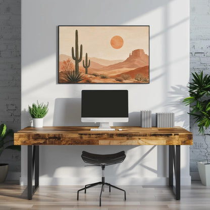 a modern workspace with a wooden desk, a computer monitor, and a chair. Above the desk, there is a framed desert landscape painting depicting a desert scene with cacti and a sun.