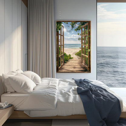 3D Faux Window Beach , Coastal Pathway canvas wall art in blue tones