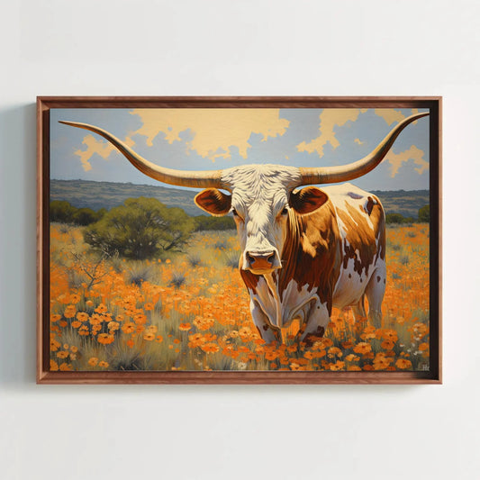 Large Texas Longhorn Painting - Farmhouse Living Room Decor - Extra Large Wall Art - Longhorn cow in a flower open field art Wall Art – Canvas Print