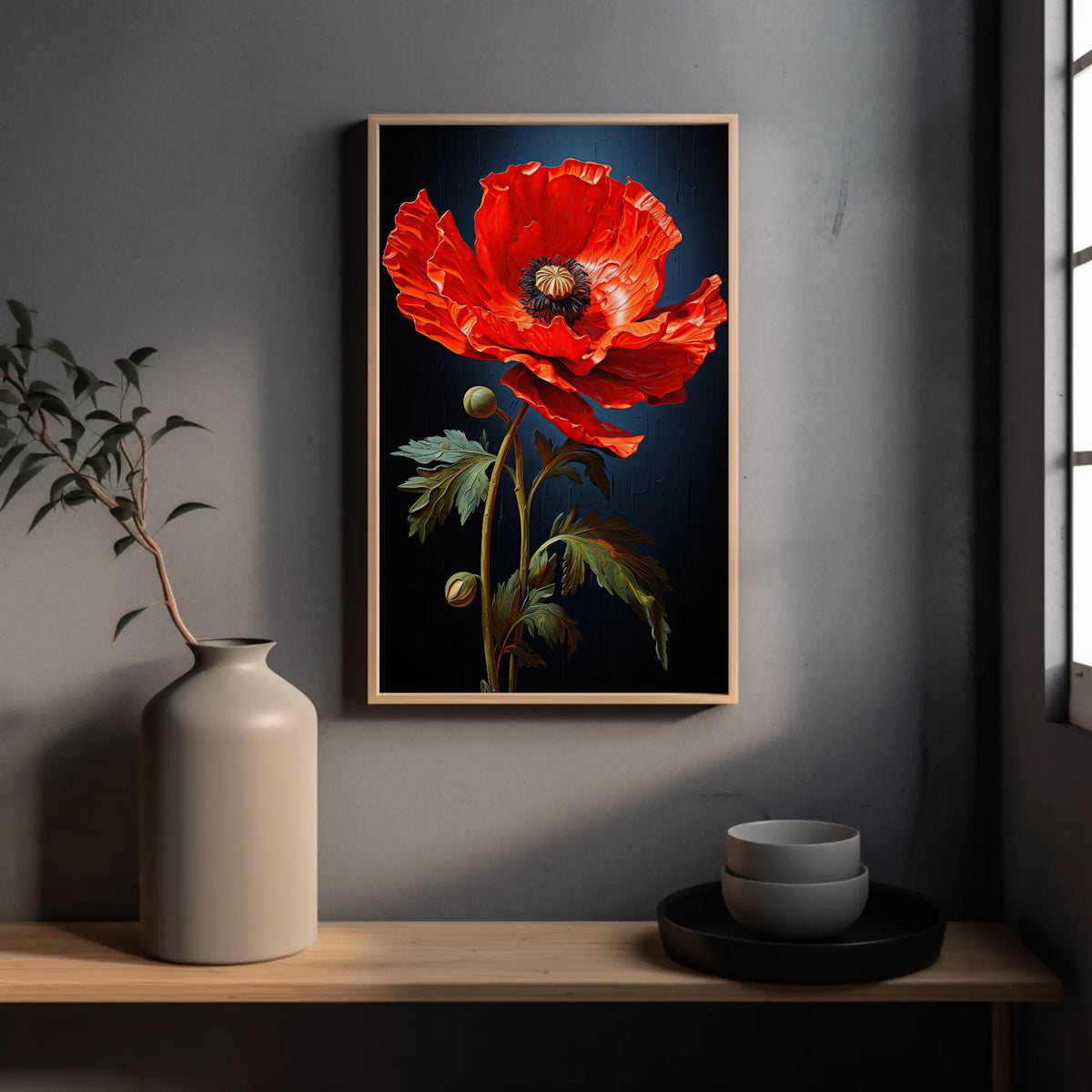 Red poppy on navy canvas wall art, large, vibrant red flower with a dark background, hanging on a wall above a wooden shelf.